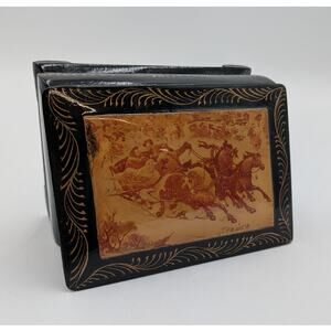 Vintage Russian Lacquer Box "Troika" Horse and Carriage Ride Signed 4.5"